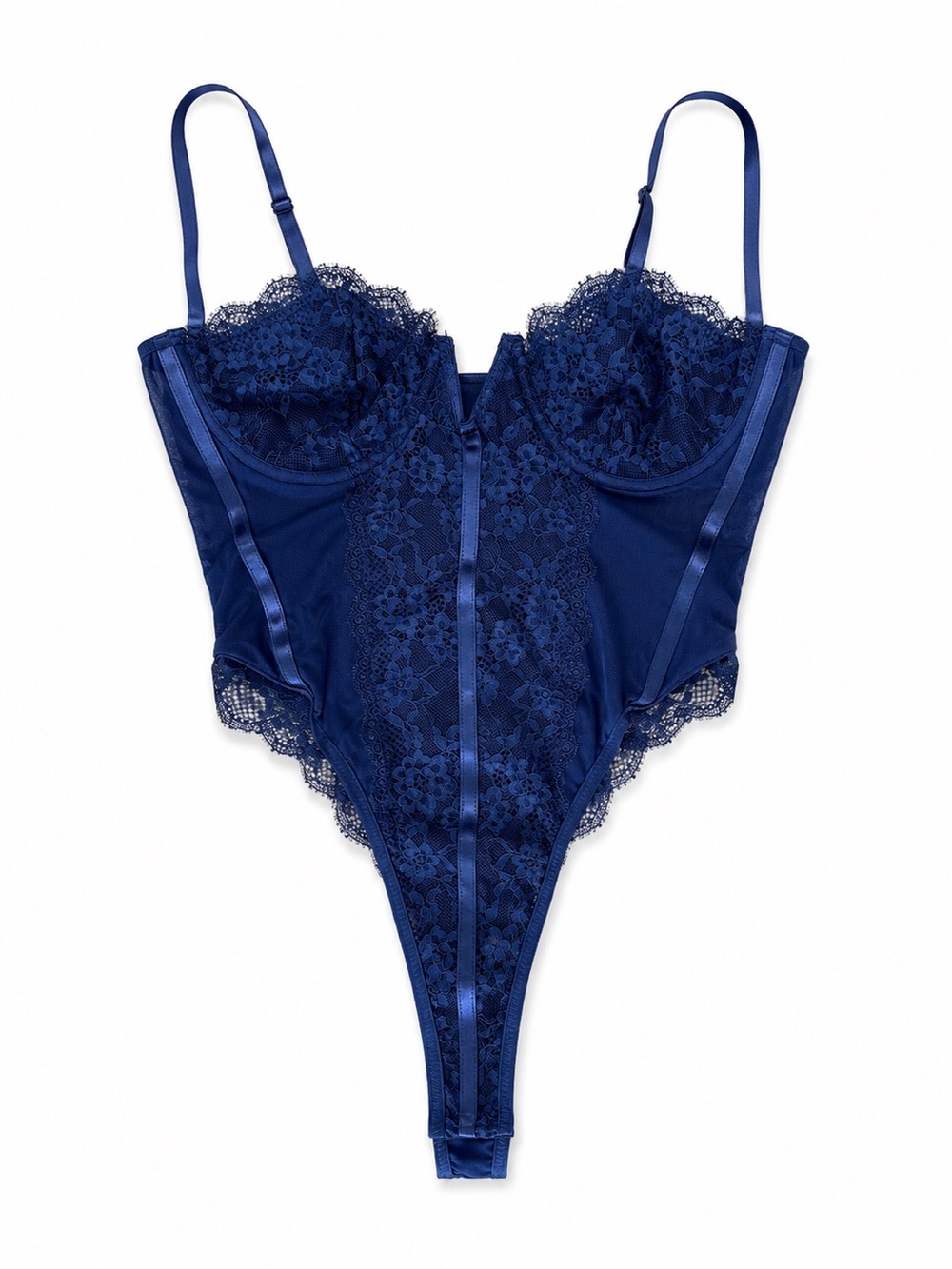 Lace Satin-Trim Bodysuit - Navy